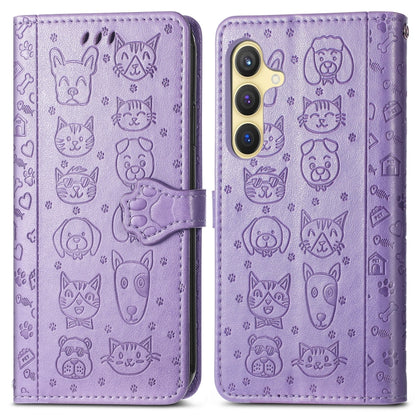 For Samsung Galaxy S25+ 5G Cat and Dog Embossed Leather Phone Case(Purple) - Galaxy S25+ 5G Cases by buy2fix | Online Shopping UK | buy2fix