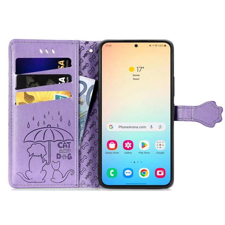 For Samsung Galaxy S25+ 5G Cat and Dog Embossed Leather Phone Case(Purple) - Galaxy S25+ 5G Cases by buy2fix | Online Shopping UK | buy2fix