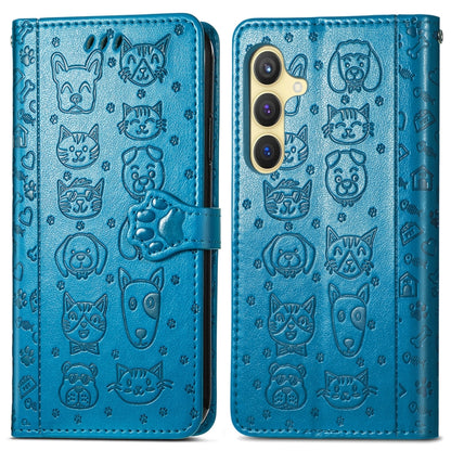 For Samsung Galaxy S25+ 5G Cat and Dog Embossed Leather Phone Case(Blue) - Galaxy S25+ 5G Cases by buy2fix | Online Shopping UK | buy2fix