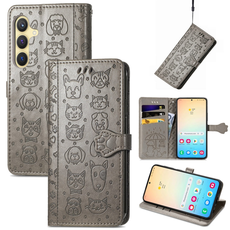 For Samsung Galaxy S25 Ultra 5G Cat and Dog Embossed Leather Phone Case(Gray) by buy2fix