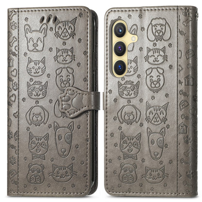 For Samsung Galaxy S25 Ultra 5G Cat and Dog Embossed Leather Phone Case(Gray) by buy2fix