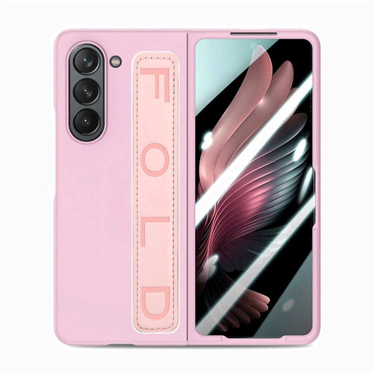 For   Samsung   Galaxy Z Fold5  5G Integrated Wristband Genuine Leather Phone Case(Pink) - Galaxy Z Fold5 Cases by buy2fix | Online Shopping UK | buy2fix