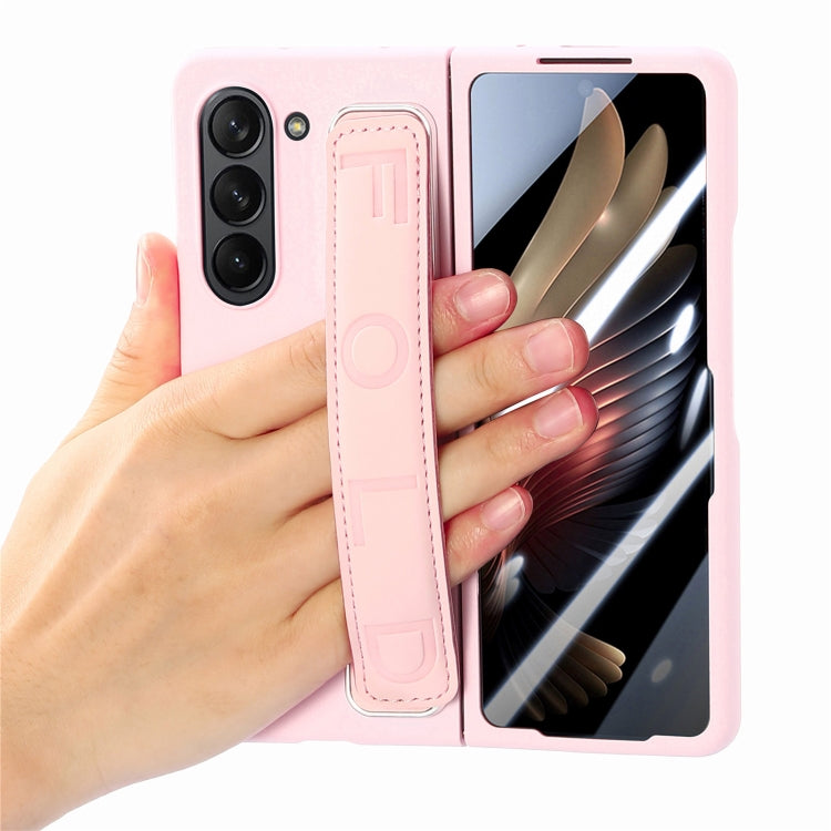 For   Samsung   Galaxy Z Fold5  5G Integrated Wristband Genuine Leather Phone Case(Pink) - Galaxy Z Fold5 Cases by buy2fix | Online Shopping UK | buy2fix