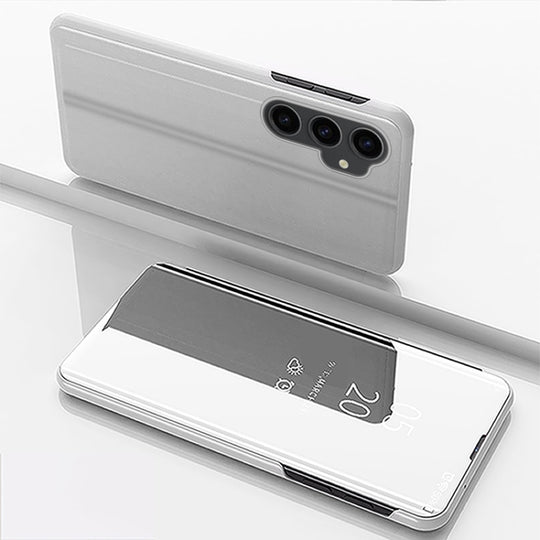 For Galaxy S23 FE 5G Plated Mirror Horizontal Flip Leather Phone Case with Holder(Silver)
