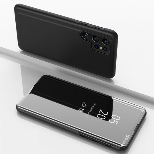 For Galaxy S24 Ultra 5G Plated Mirror Horizontal Flip Leather Phone Case with Holder(Black)