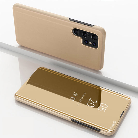 For Samsung Galaxy S25 Ultra 5G Plated Mirror Horizontal Flip Leather Phone Case with Holder(Gold) - Galaxy S25 Ultra 5G Cases by buy2fix | Online Shopping UK | buy2fix