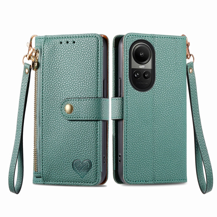 For OPPO Reno10 / 10 Pro Global Love Zipper Lanyard Leather Phone Case(Green) - OPPO Cases by buy2fix | Online Shopping UK | buy2fix