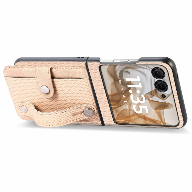 For Motorola Razr 50 Wristband Kickstand Card Wallet Back Cover Phone Case(Khaki) by buy2fix
