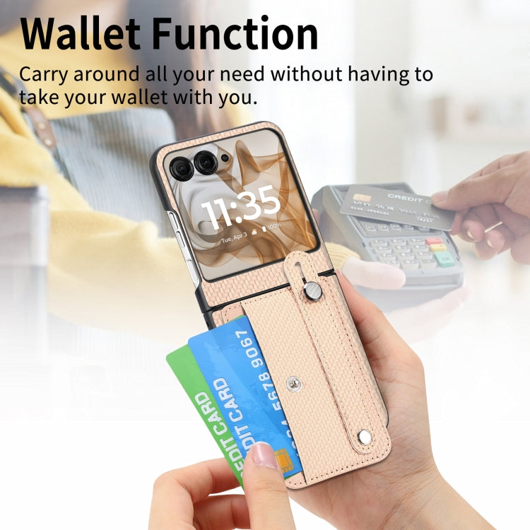 For Motorola Razr 50 Wristband Kickstand Card Wallet Back Cover Phone Case(Khaki) by buy2fix