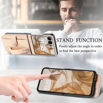 For Motorola Razr 50 Wristband Kickstand Card Wallet Back Cover Phone Case(Khaki) by buy2fix