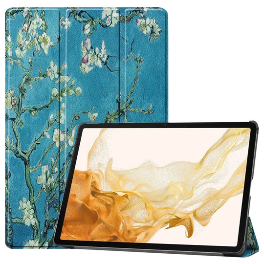 For Samsung Galaxy Tab S9+ JUNSUNMAY Custer Painted 3-Fold Stand Leather Smart Tablet Case(Apricot Flower)