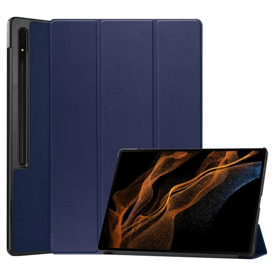 For Samsung Galaxy Tab S9 Ultra JUNSUNMAY Custer Solid Color 3-Fold Stand Leather Smart Tablet Case(Dark Blue)
