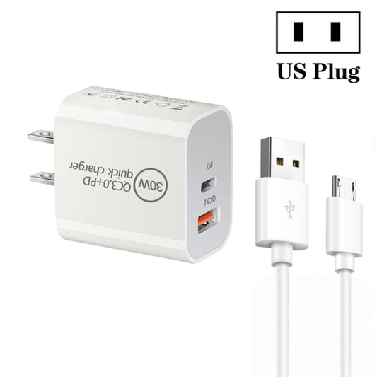 PD30W USB-C / Type-C + QC3.0 USB Dual Port Charger with 1m USB to Micro USB Data Cable, US Plug by buy2fix