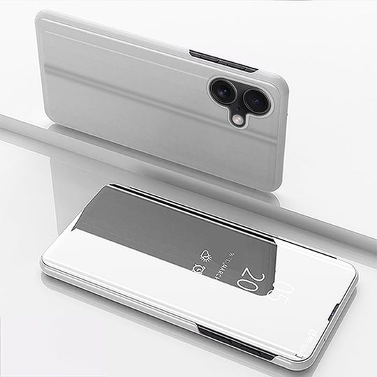 For iPhone 16 Plated Mirror Horizontal Flip Leather Phone Case with Holder(Silver)