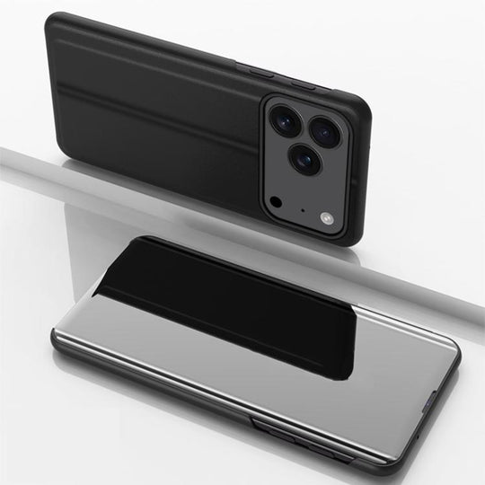 For iPhone 18 Pro Max / 17 Pro Max Plated Mirror Horizontal Flip Leather Phone Case with Holder(Black)