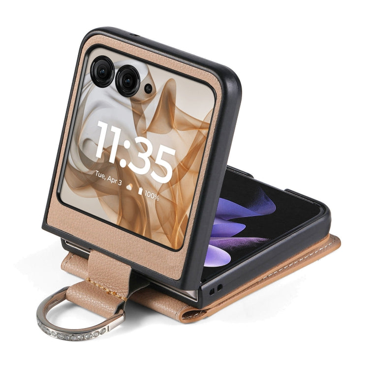 For Motorola Razr 50 Litchi Texture Leather Ring Wallet Phone Case(Khaki) by buy2fix