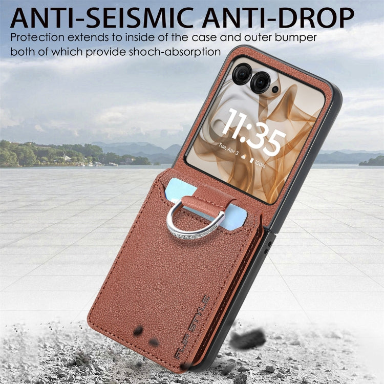 For Motorola Razr 50 Ultra Litchi Texture Leather Ring Wallet Phone Case(Brown) by buy2fix