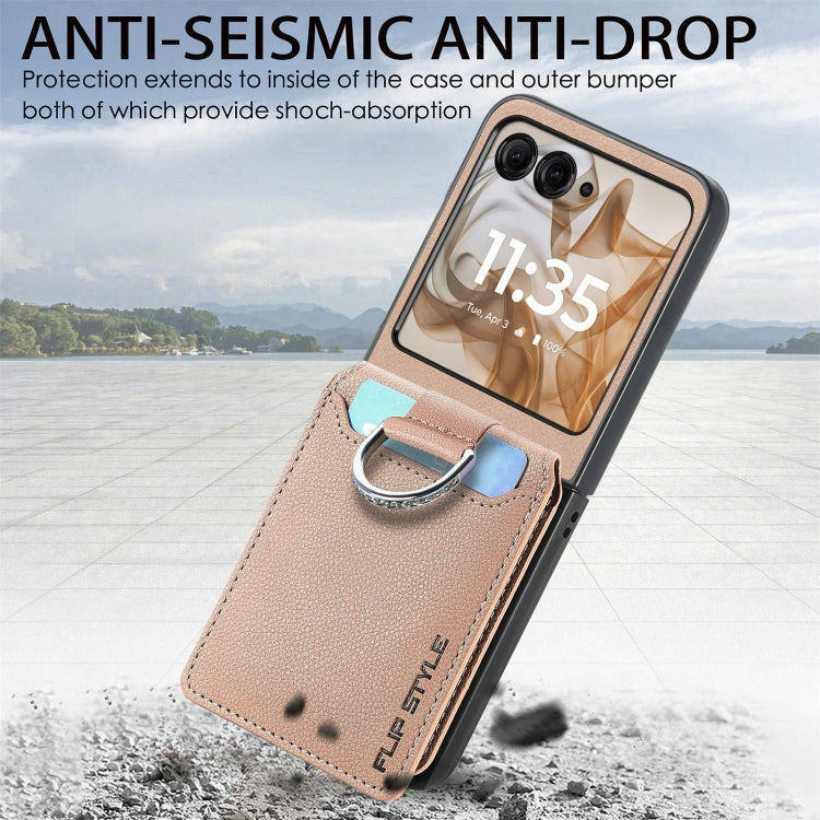 For Motorola Razr 50 Ultra Litchi Texture Leather Ring Wallet Phone Case(Khaki) by buy2fix