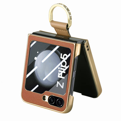 For Samsung Galaxy Z Flip5 5G Brilliant Plating PC Back Screen Integrated Ring Phone Case(Brown) - Galaxy Z Flip5 Cases by buy2fix | Online Shopping UK | buy2fix