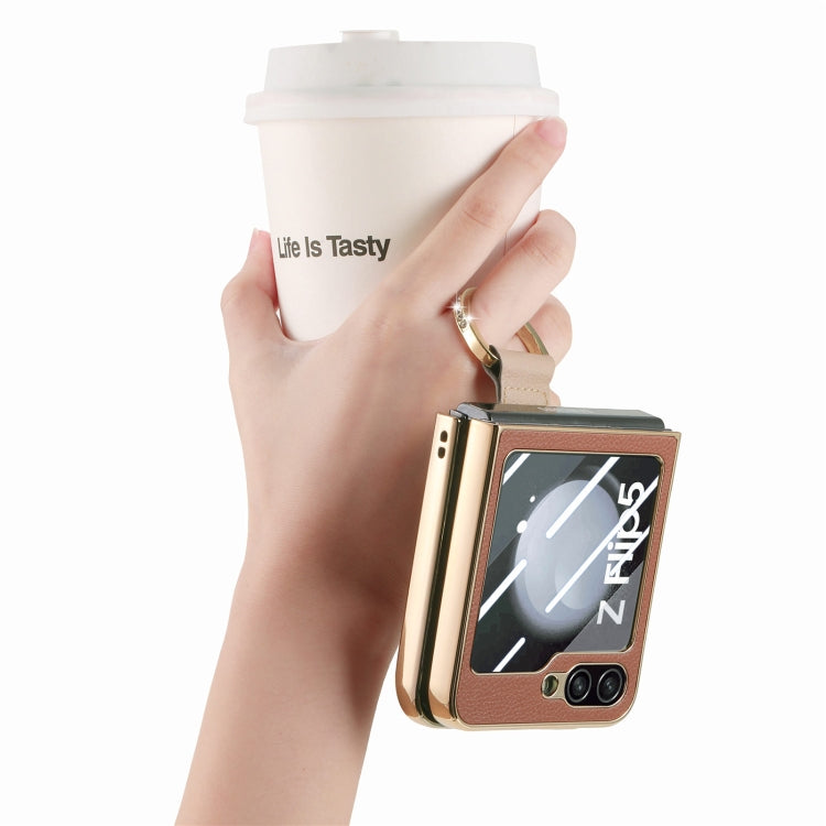 For Samsung Galaxy Z Flip5 5G Brilliant Plating PC Back Screen Integrated Ring Phone Case(Brown) - Galaxy Z Flip5 Cases by buy2fix | Online Shopping UK | buy2fix