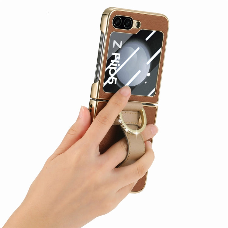 For Samsung Galaxy Z Flip5 5G Brilliant Plating PC Back Screen Integrated Ring Phone Case(Brown) - Galaxy Z Flip5 Cases by buy2fix | Online Shopping UK | buy2fix
