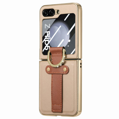 For Samsung Galaxy Z Flip5 5G Brilliant Plating PC Back Screen Integrated Ring Phone Case(Khaki) - Galaxy Z Flip5 Cases by buy2fix | Online Shopping UK | buy2fix