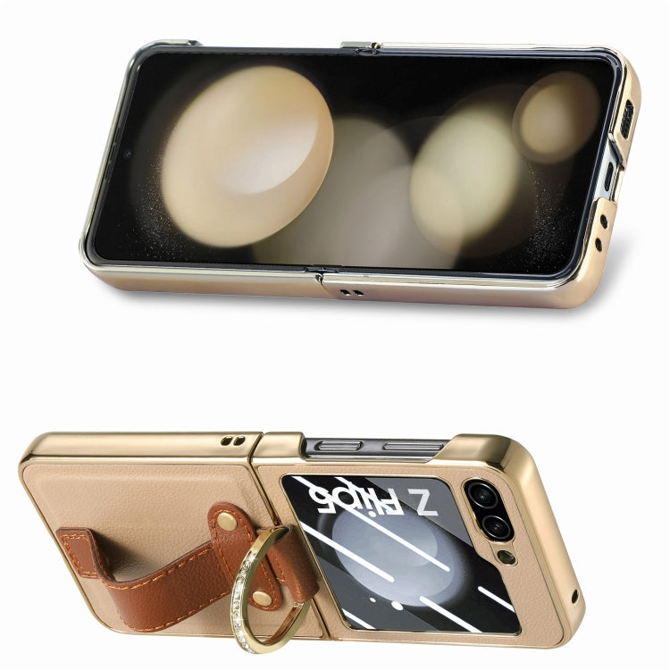 For Samsung Galaxy Z Flip5 5G Brilliant Plating PC Back Screen Integrated Ring Phone Case(Khaki) - Galaxy Z Flip5 Cases by buy2fix | Online Shopping UK | buy2fix