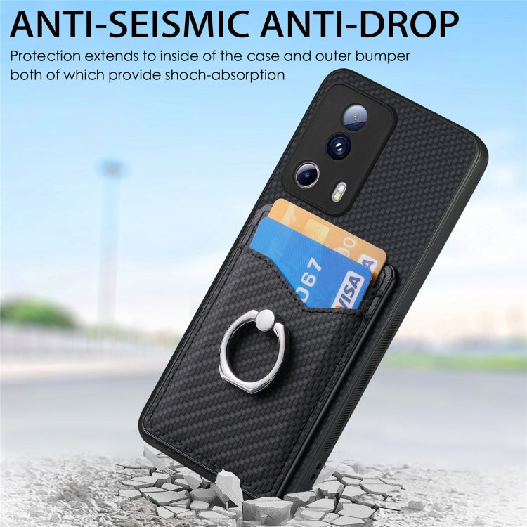 For Xiaomi Redmi Note 12 5G Carbon Fiber Card Wallet Ring Holder Phone Case(Black) - Xiaomi Cases by buy2fix | Online Shopping UK | buy2fix