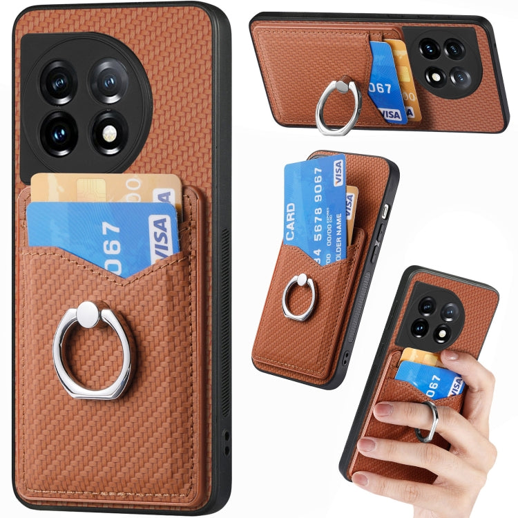 For OnePlus 11 Carbon Fiber Card Wallet Ring Holder Phone Case(Brown) by buy2fix