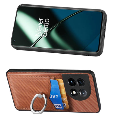 For OnePlus 11 Carbon Fiber Card Wallet Ring Holder Phone Case(Brown) by buy2fix