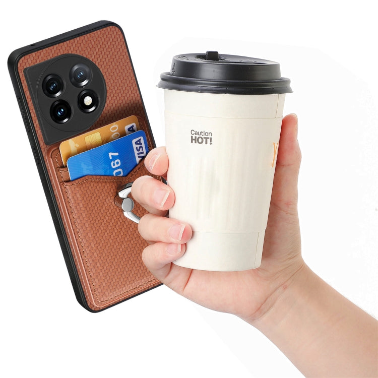For OnePlus 11 Carbon Fiber Card Wallet Ring Holder Phone Case(Brown) by buy2fix
