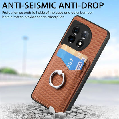 For OnePlus 11 Carbon Fiber Card Wallet Ring Holder Phone Case(Brown) by buy2fix
