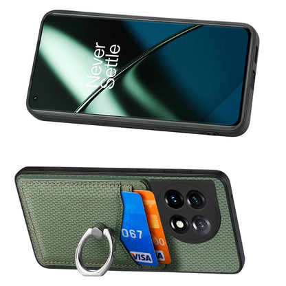 For OnePlus 11 Carbon Fiber Card Wallet Ring Holder Phone Case(Green) by buy2fix