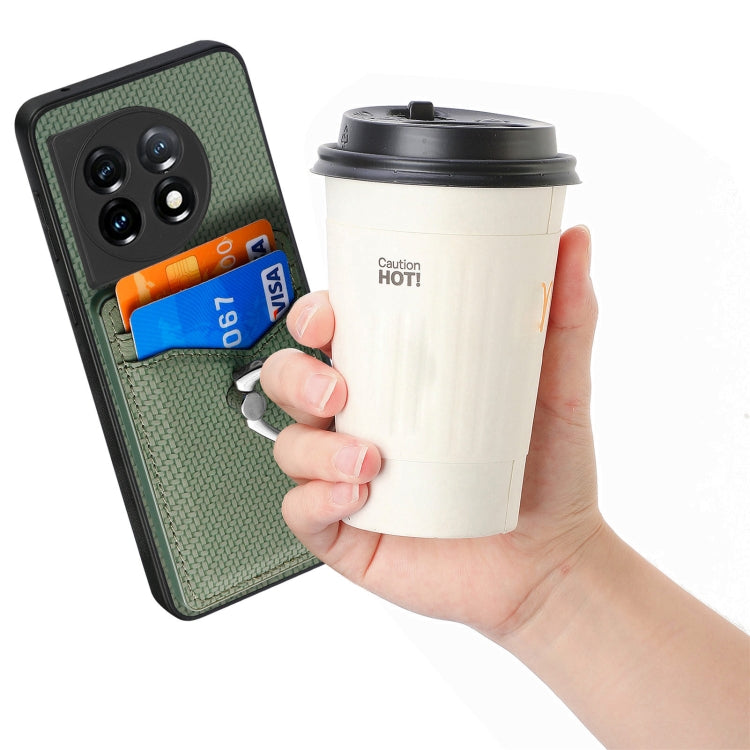 For OnePlus 11 Carbon Fiber Card Wallet Ring Holder Phone Case(Green) by buy2fix