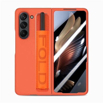 For Samsung   Galaxy Z Fold5 5G Integrated Film Wrist Grip Leather Phone Case with Pen Slot(Orange) - Galaxy Z Fold5 Cases by buy2fix | Online Shopping UK | buy2fix