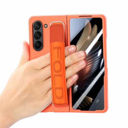For Samsung   Galaxy Z Fold5 5G Integrated Film Wrist Grip Leather Phone Case with Pen Slot(Orange) - Galaxy Z Fold5 Cases by buy2fix | Online Shopping UK | buy2fix