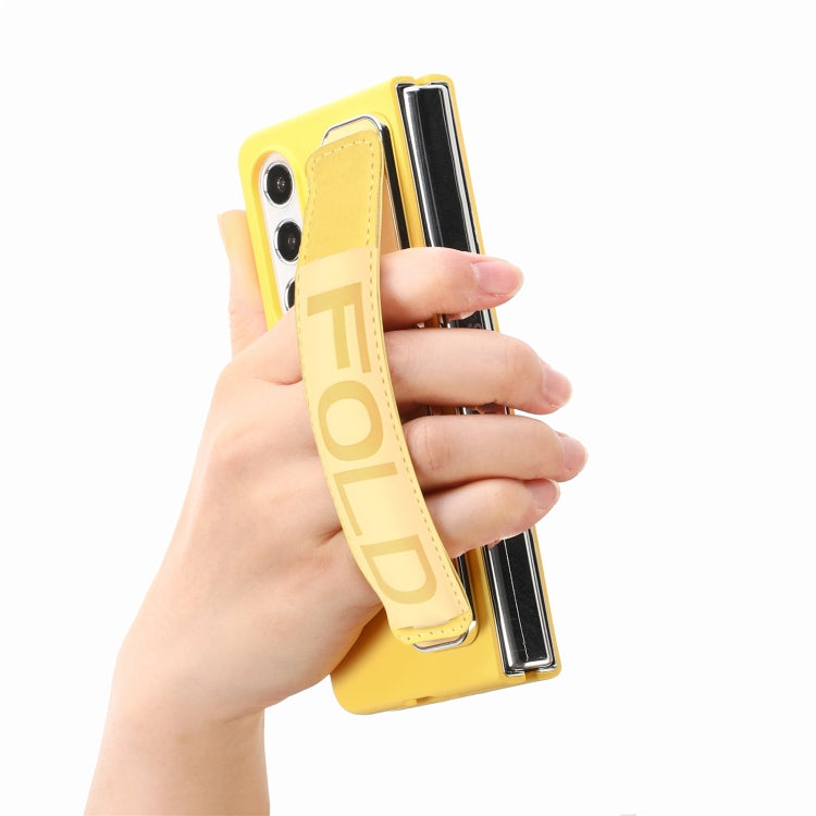For Samsung   Galaxy Z Fold5 5G Integrated Film Wrist Grip Leather Phone Case with Pen Slot(Yellow) - Galaxy Z Fold5 Cases by buy2fix | Online Shopping UK | buy2fix
