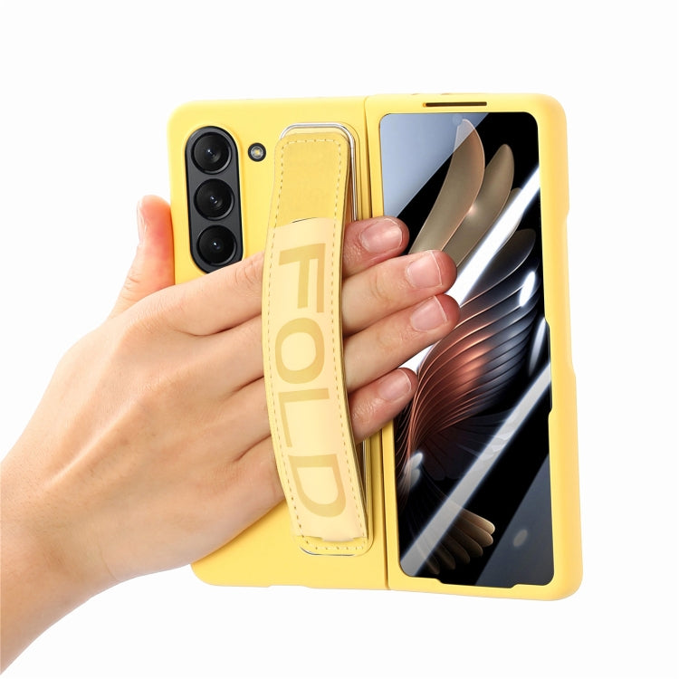 For Samsung   Galaxy Z Fold5 5G Integrated Film Wrist Grip Leather Phone Case with Pen Slot(Yellow) - Galaxy Z Fold5 Cases by buy2fix | Online Shopping UK | buy2fix