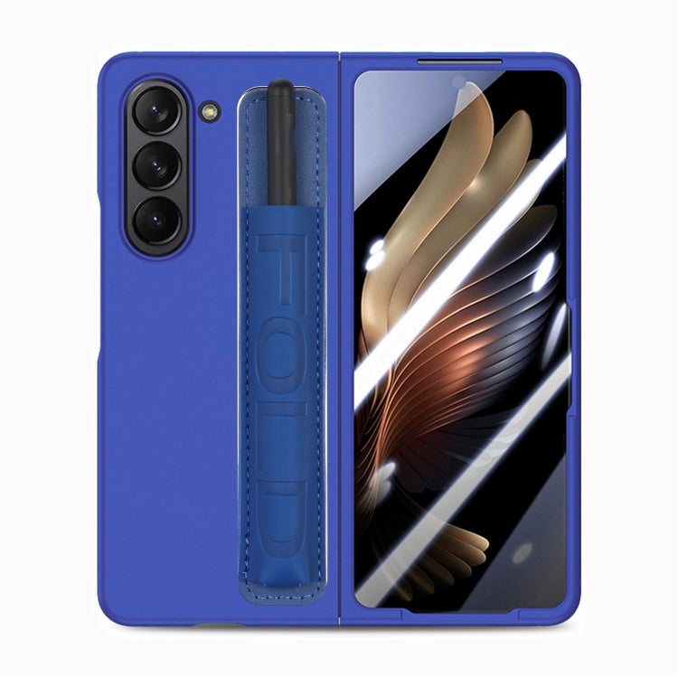 For Samsung   Galaxy Z Fold5 5G Integrated Film Wrist Grip Leather Phone Case with Pen Slot(Dark Blue) - Galaxy Z Fold5 Cases by buy2fix | Online Shopping UK | buy2fix