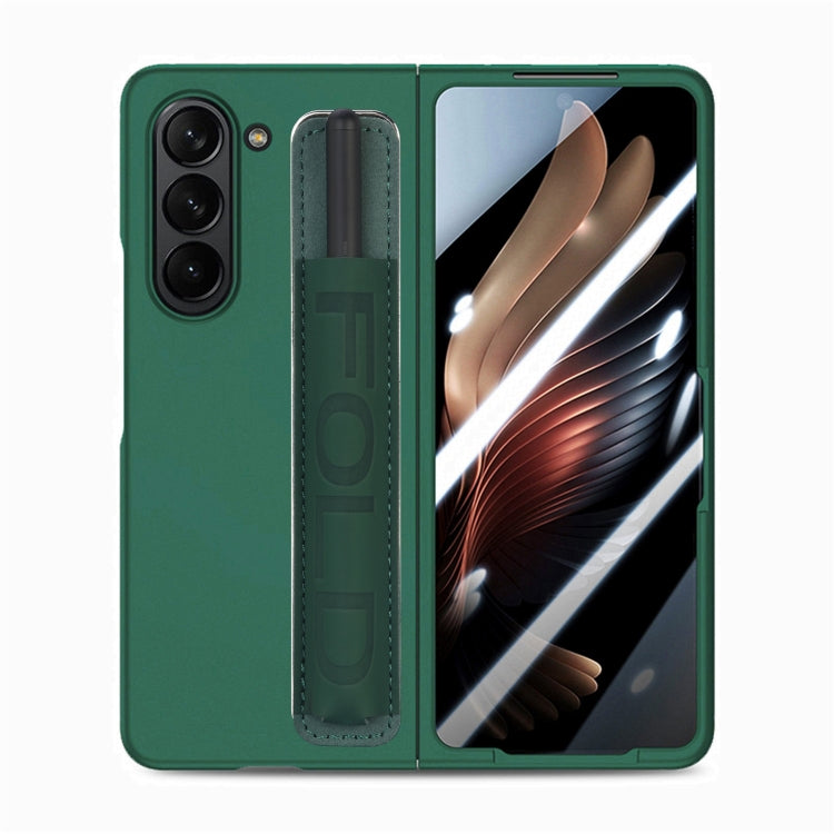 For Samsung   Galaxy Z Fold5 5G Integrated Film Wrist Grip Leather Phone Case with Pen Slot(Dark Green) - Galaxy Z Fold5 Cases by buy2fix | Online Shopping UK | buy2fix