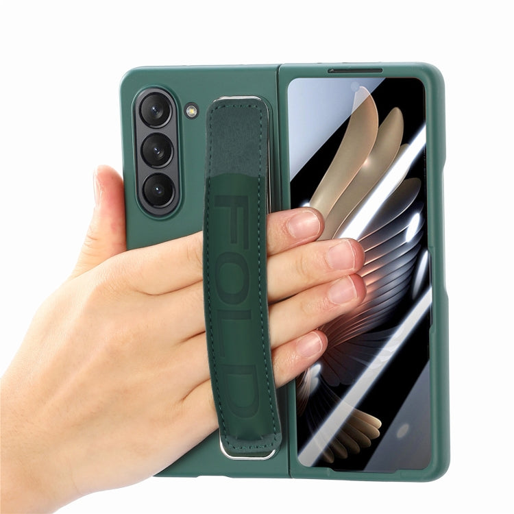 For Samsung   Galaxy Z Fold5 5G Integrated Film Wrist Grip Leather Phone Case with Pen Slot(Dark Green) - Galaxy Z Fold5 Cases by buy2fix | Online Shopping UK | buy2fix