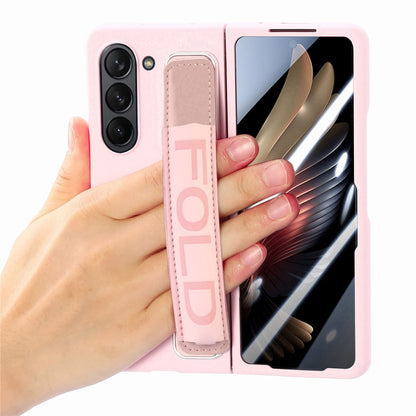 For Samsung   Galaxy Z Fold5 5G Integrated Film Wrist Grip Leather Phone Case with Pen Slot(Pink) - Galaxy Z Fold5 Cases by buy2fix | Online Shopping UK | buy2fix