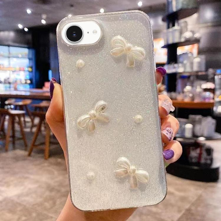 For iPhone 16e Pearl Bow Glitter Epoxy TPU Phone Case(Three Knots) - iPhone 16e Cases by buy2fix | Online Shopping UK | buy2fix