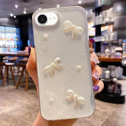 For iPhone 16e Pearl Bow Glitter Epoxy TPU Phone Case(Three Knots) - iPhone 16e Cases by buy2fix | Online Shopping UK | buy2fix