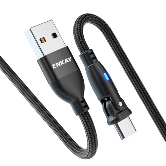 ENKAY 180 Degrees Rotating USB to Type-C 3A Fast Charging Data Cable with LED Light, Length:2m(Black)