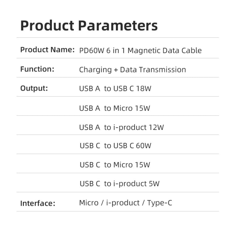 ENKAY 6-in-1 PD60W USB-A / Type-C to Type-C / 8 Pin / Micro USB Magnetic Fast Charging Cable, Cable Length:1m(Black) - Charging Cable & Head by ENKAY | Online Shopping UK | buy2fix