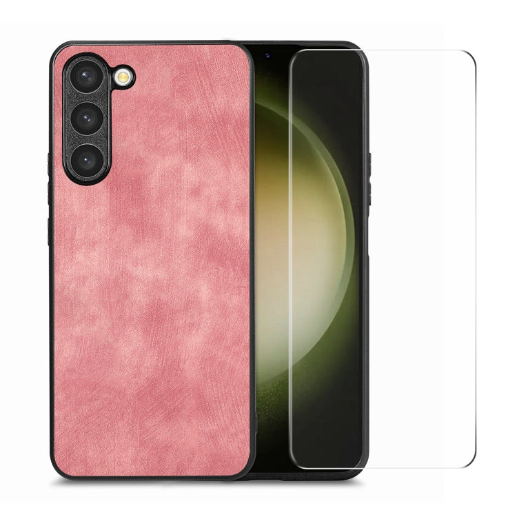 For Samsung Galaxy S23 5G ENKAY Retro Leather Skin PC Phone Case with 0.18mm Glass Film(Pink) by ENKAY