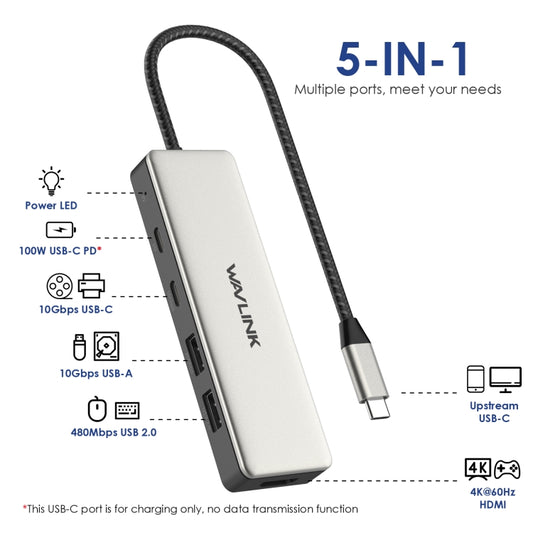 Wavlink UHP3415 85W Power Delivery USB-C/Type-C 10Gbps Hub 5 in 1 Multiport Connection Adapter by WAVLINK