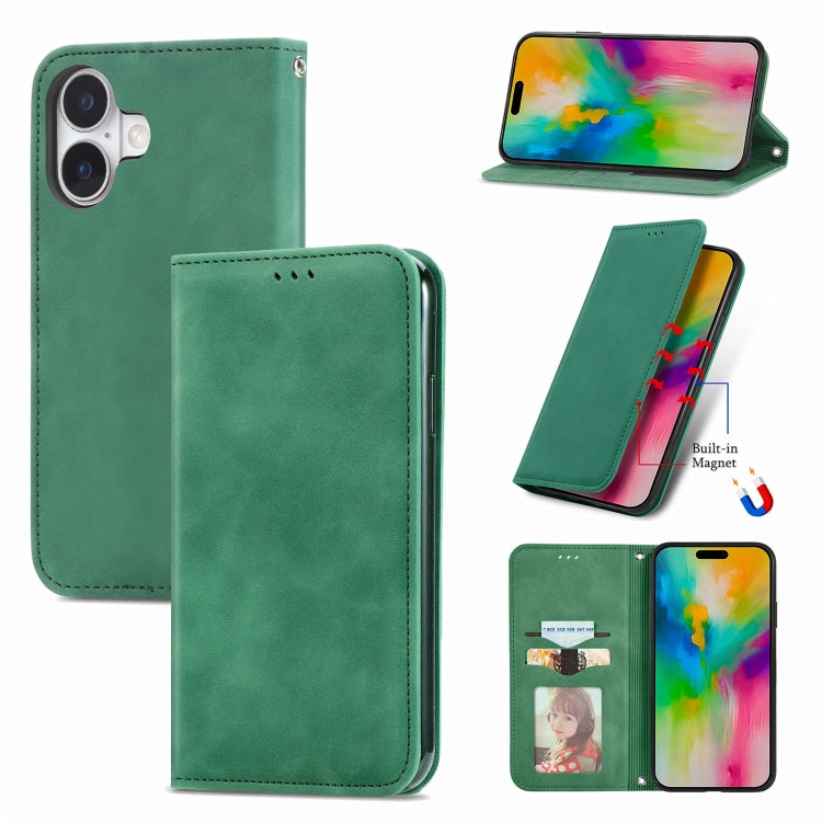 For iPhone 16 Plus Retro Skin Feel Magnetic Flip Leather Phone Case(Green) - iPhone 16 Plus Cases by buy2fix | Online Shopping UK | buy2fix