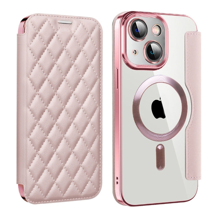 For iPhone 14 Plus Shield Magsafe RFID Anti-theft Rhombus Leather Phone Case(Pink) - iPhone 14 Plus Cases by buy2fix | Online Shopping UK | buy2fix